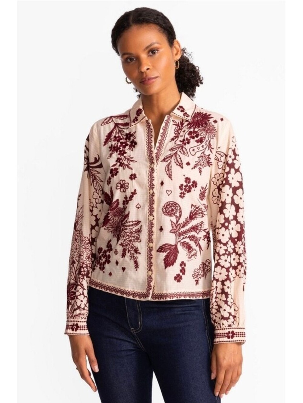 Johnny Was Aquijio Floral Embroidered Blouse. Size L. Retails $268